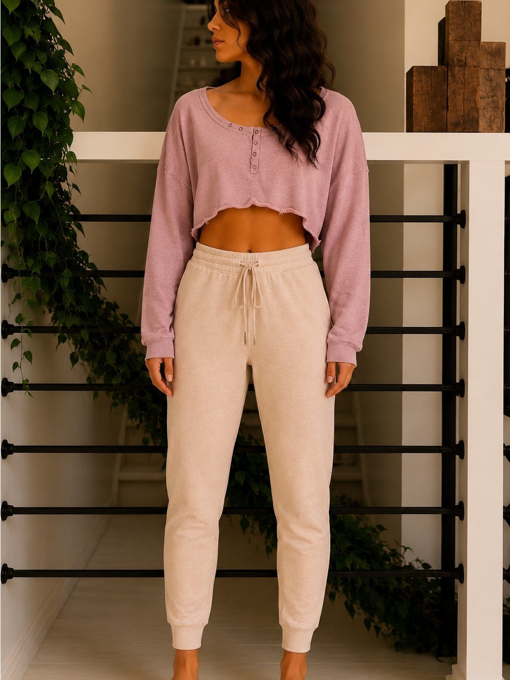 Earthbound Trading Co Pink Cropped Henley Sweatshirt Size Small